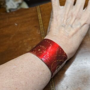 Red Cuff Bracelet Made From Beet Parchment.